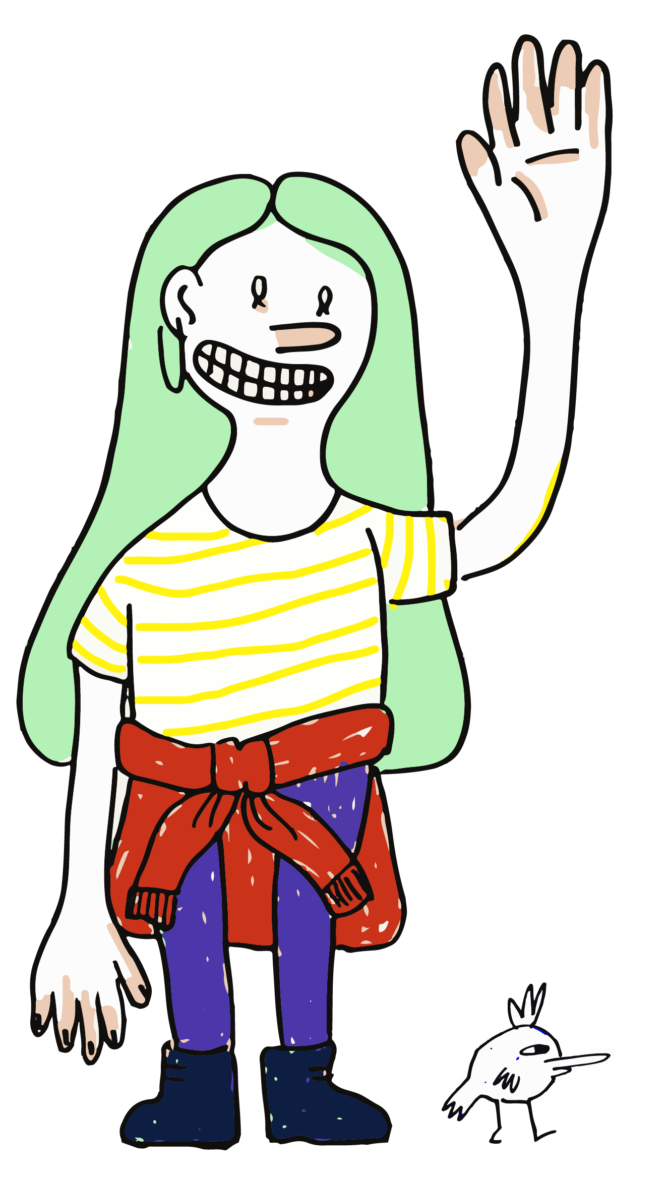 a nice person waving and a little bird at their feet