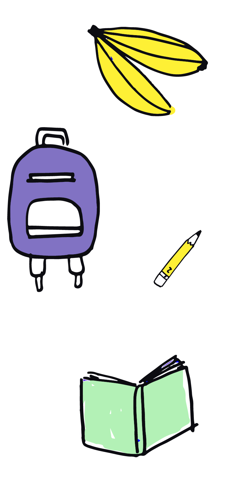 a pair of bananas, a backpack, a pencil and an open book